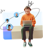 Smiling person in an orange sweater sits with a laptop, surrounded by floating profile pictures connected by lines, symbolizing networking.