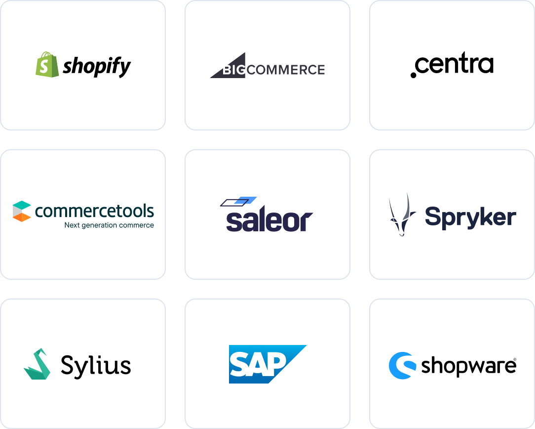 Grid of nine e-commerce platform logos: Shopify, BigCommerce, Centra, commercetools, Saleor, Spryker, Sylius, SAP, Shopware.