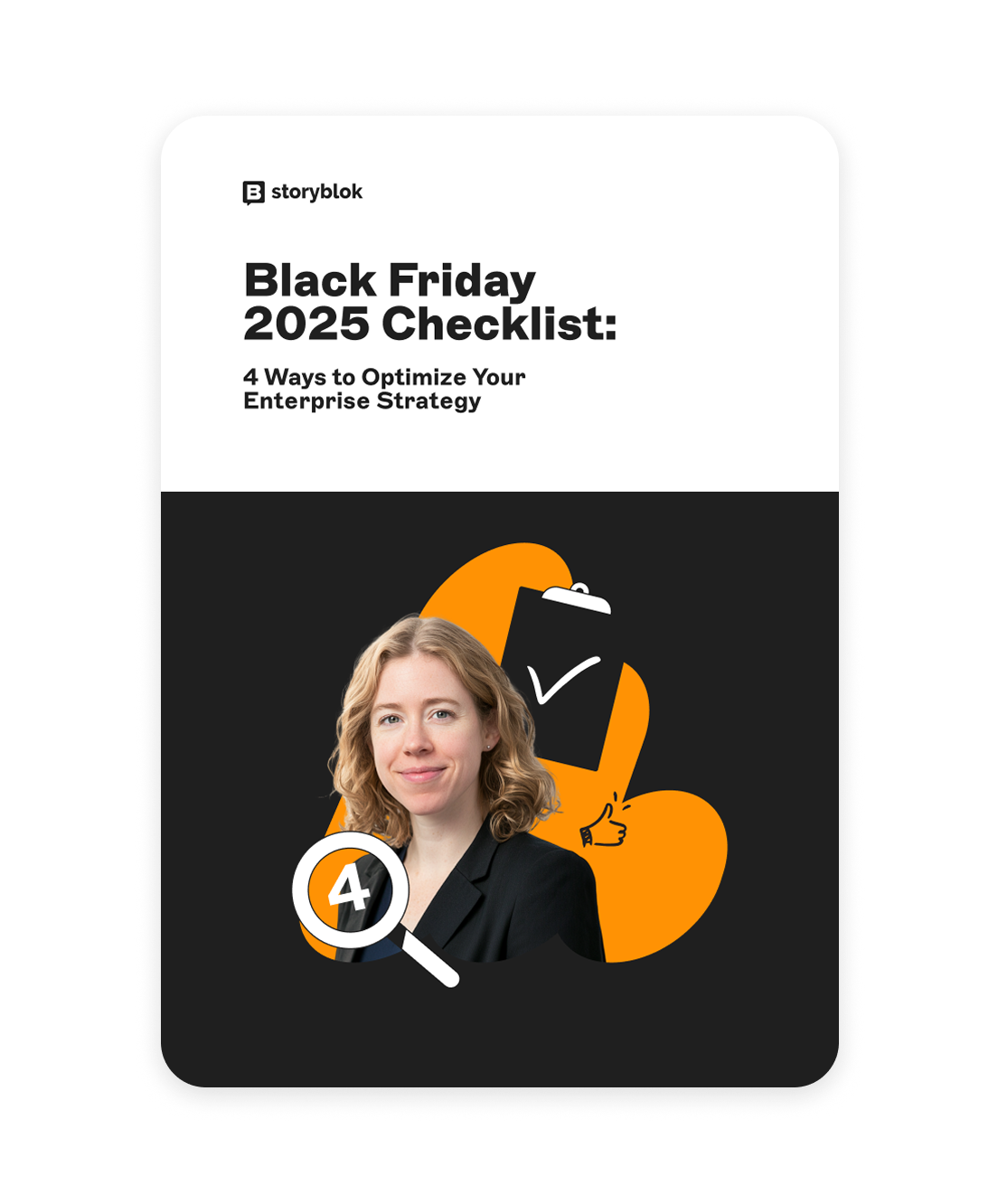 Black Friday 2025 Checklist cover with a woman, magnifying glass, and icons on a black and orange background.