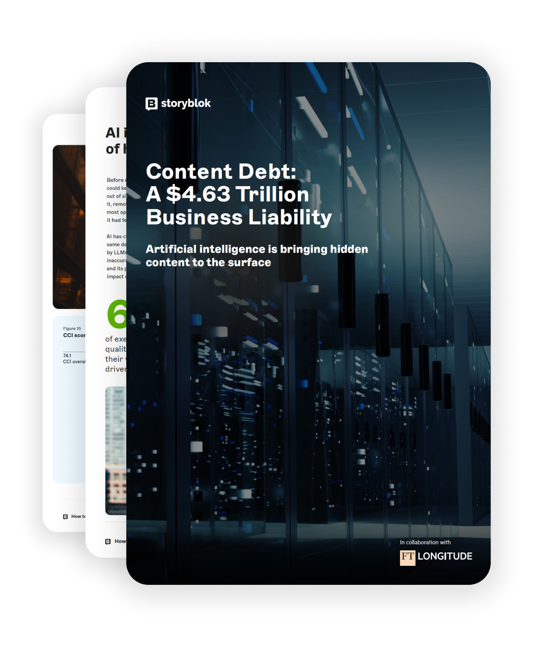 Cover of a report titled "Content Debt: A $4.63 Trillion Business Liability" by Storyblok, featuring a futuristic data center image.