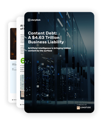 Cover of a report titled "Content Debt: A $4.63 Trillion Business Liability" by Storyblok, featuring a futuristic data center image.