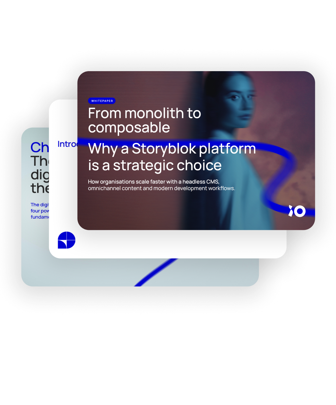 Overlapping digital cards titled "From monolith to composable" promote Storyblok for faster scaling with a headless CMS and modern workflows.