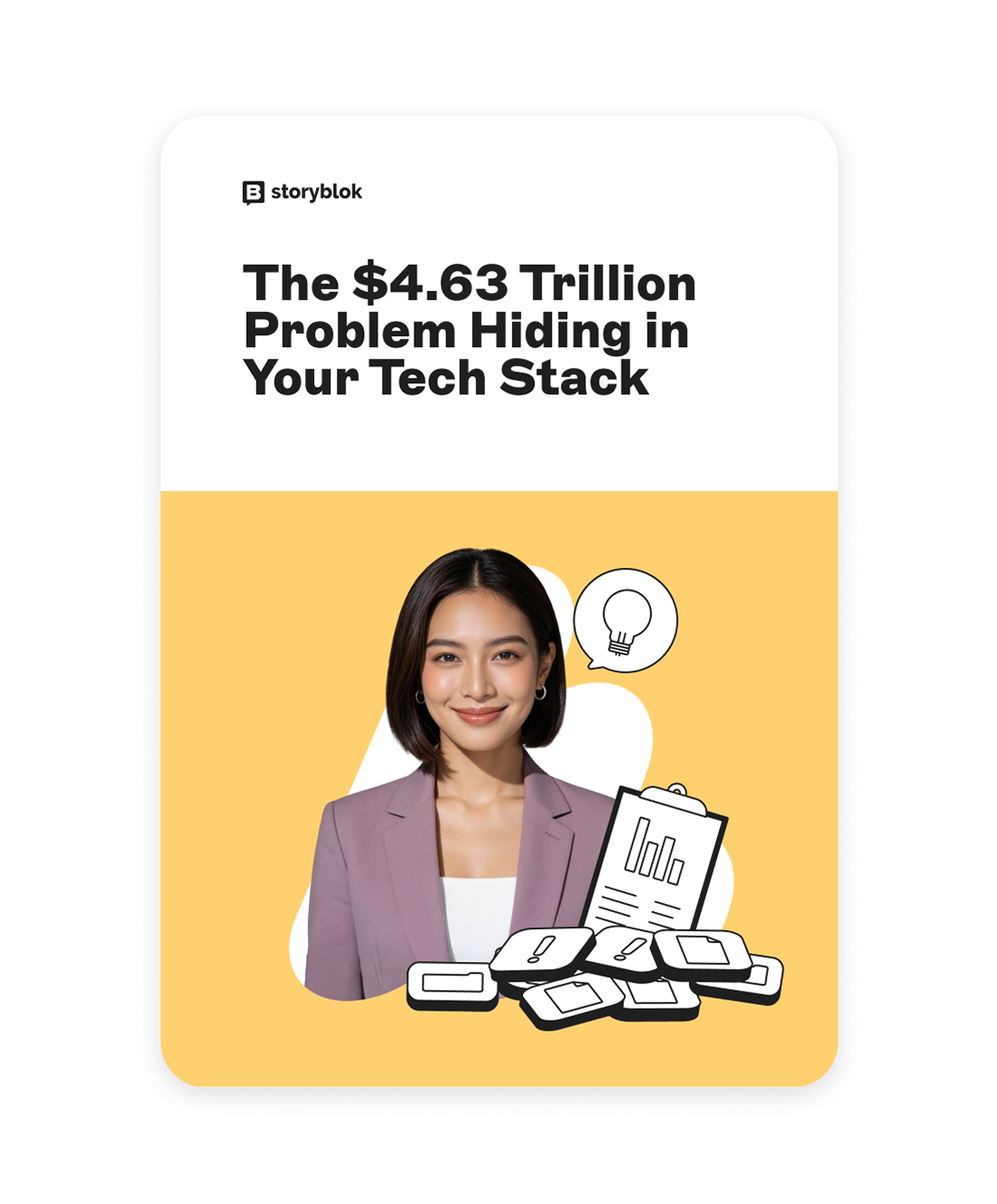 Storyblok web teaser featuring a woman smiling, text about a $4.63 trillion problem in tech stacks, with icons of light bulb, charts, and papers.