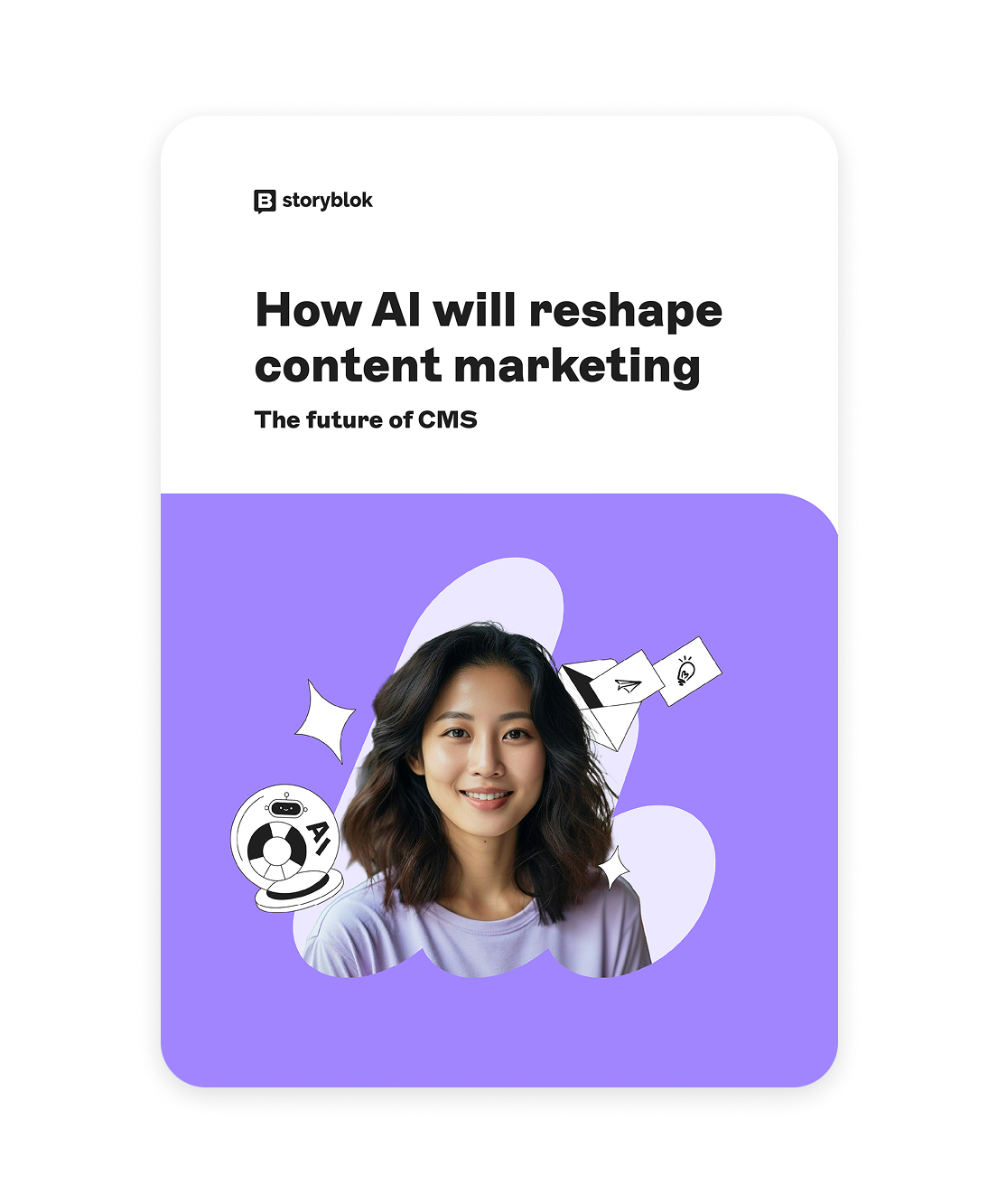A digital poster titled "How AI will reshape content marketing," featuring a smiling woman and AI-related icons on a purple and white background.