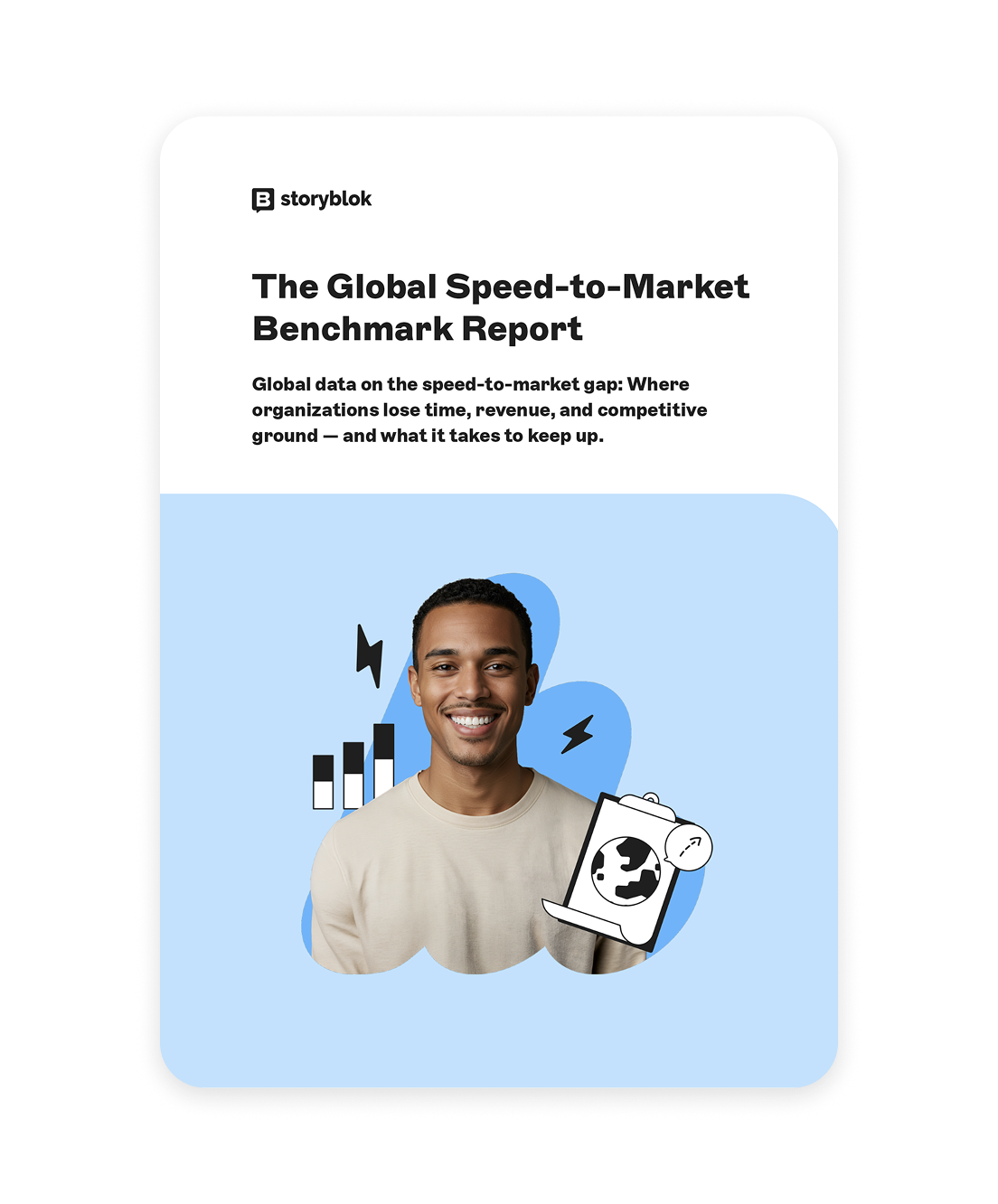 Cover of "The Global Speed-to-Market Benchmark Report" with a person, bar graph, and globe illustration on a blue background.