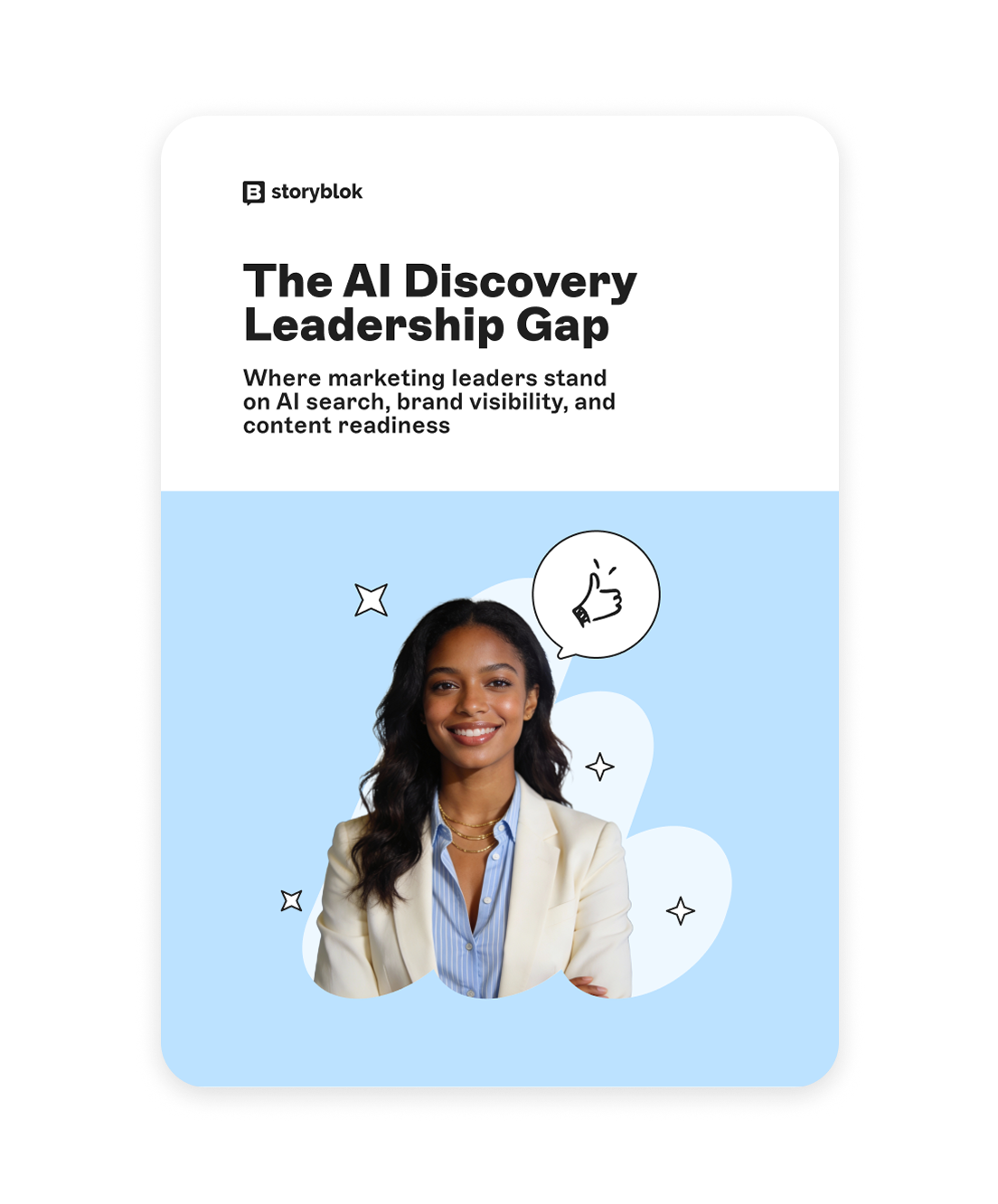 A document titled "The AI Discovery Leadership Gap" with a smiling woman and icons, by Storyblok.