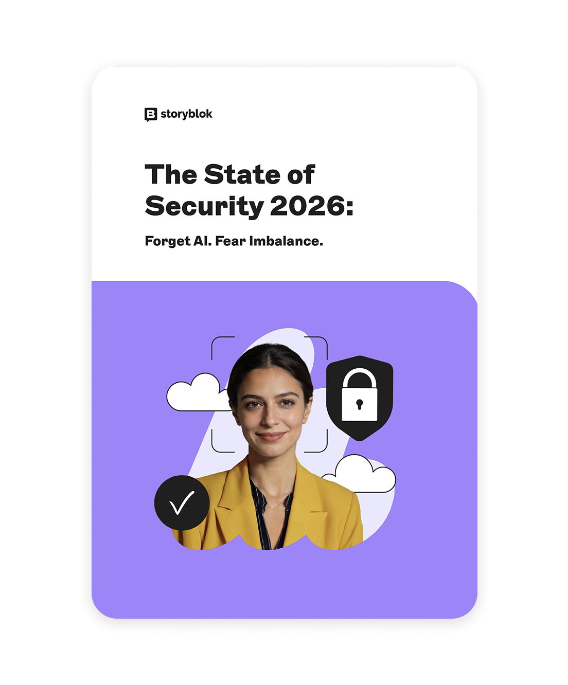 Cover of "The State of Security 2026" by Storyblok, featuring a woman in a yellow jacket with security icons and clouds.