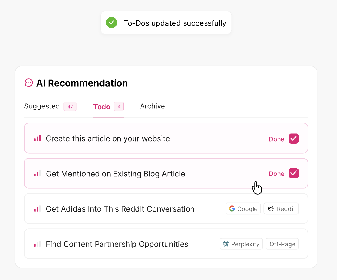 AI task list showing completed and pending items, including article creation and brand mentions on platforms like Reddit and Google.