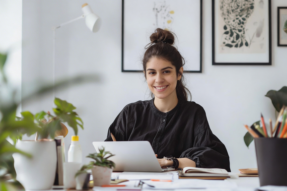 Smiling woman with a bun sits at a desk using a laptop, surrounded by plants and stationery, with framed art on the wall in a bright room.