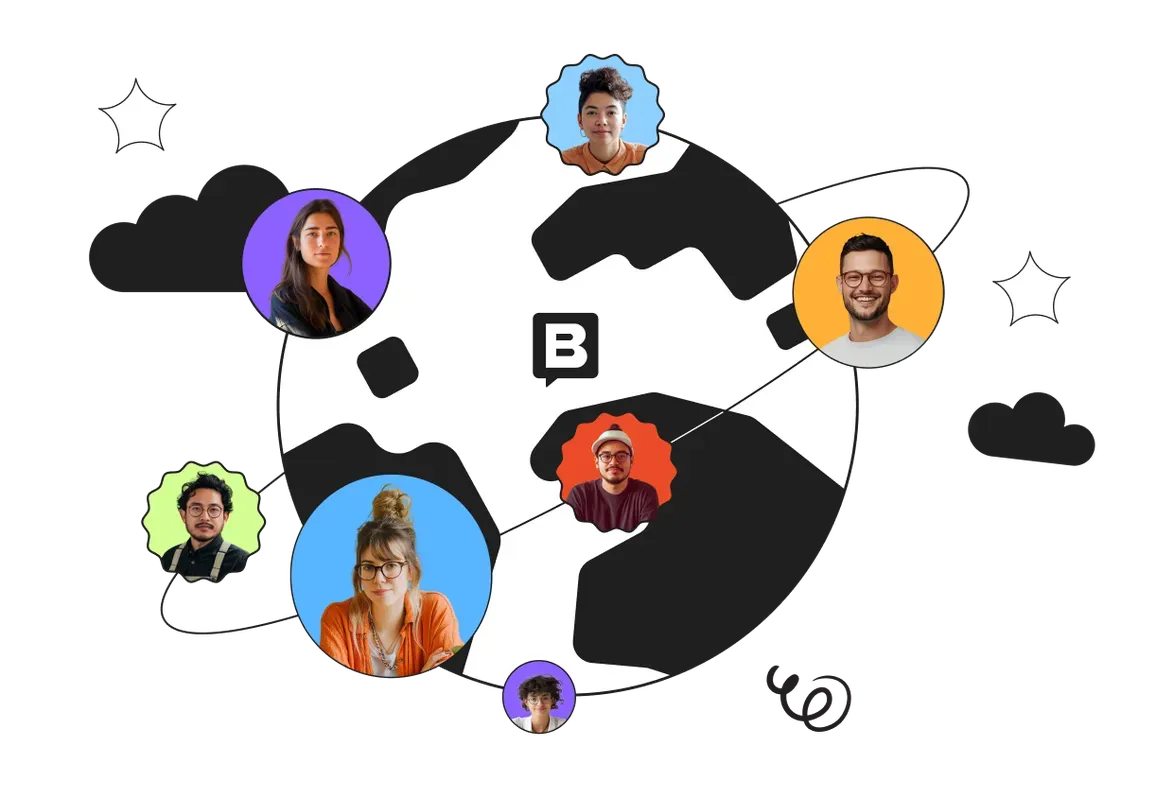 Abstract globe with six diverse people in colorful circles connected by lines, surrounded by stars and clouds, with a "B" in the center.