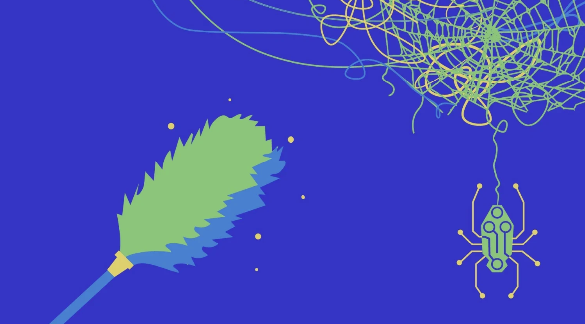 A digital illustration featuring a stylized feather and a robotic insect connected to a tangled web on a blue background.