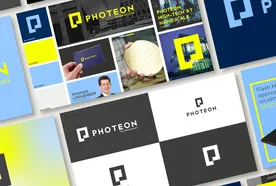 Collage of Photeon branding materials, featuring logos, a business card, and a person holding a wafer, with a blue and yellow color scheme.