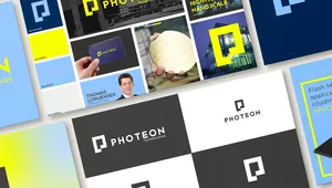 Collage of Photeon branding materials, featuring logos, a business card, and a person holding a wafer, with a blue and yellow color scheme.
