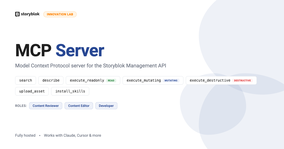 "Storyblok MCP Server webpage showing features like search, execute_readonly, and roles for Content Reviewer, Editor, Developer."