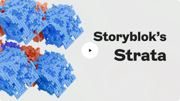3D blue and orange pixelated cubes with the text "Storyblok's Strata" on a light background.