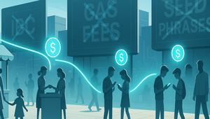 Silhouetted people in a digital marketplace, connected by glowing currency symbols, with signs displaying "No Gas Fees" and "No Seed Phrases."
