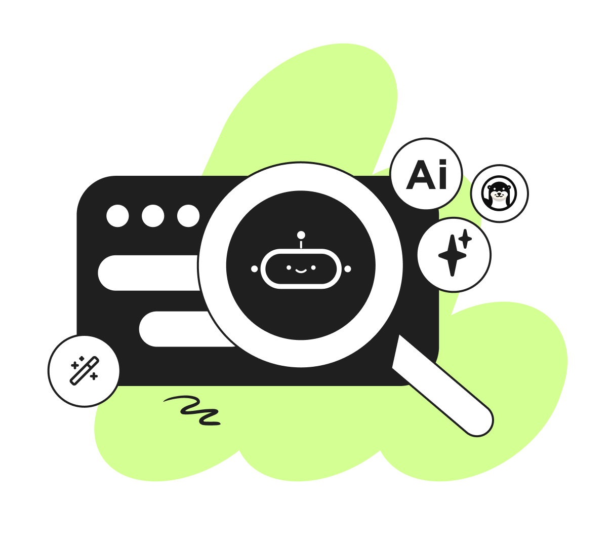 Illustration of the Storyblok AI Suite featuring a stylized interface with a magnifying glass highlighting a smiling robot icon, surrounded by AI-related symbols, set against a green abstract background with the Storyblok logo and text.