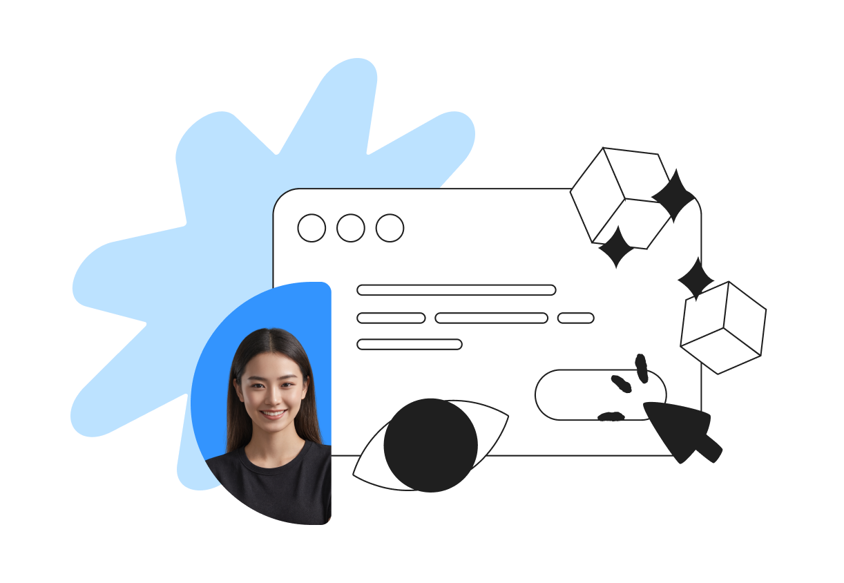 Illustration of a woman smiling with a stylized browser window, blue splash, eye, cubes, and a cursor pointing at a button.