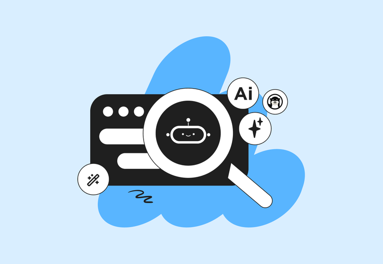 Illustration of chatbot icon in a magnifying glass over browser window, surrounded by AI, swirl, and monkey icons. Blue abstract background.