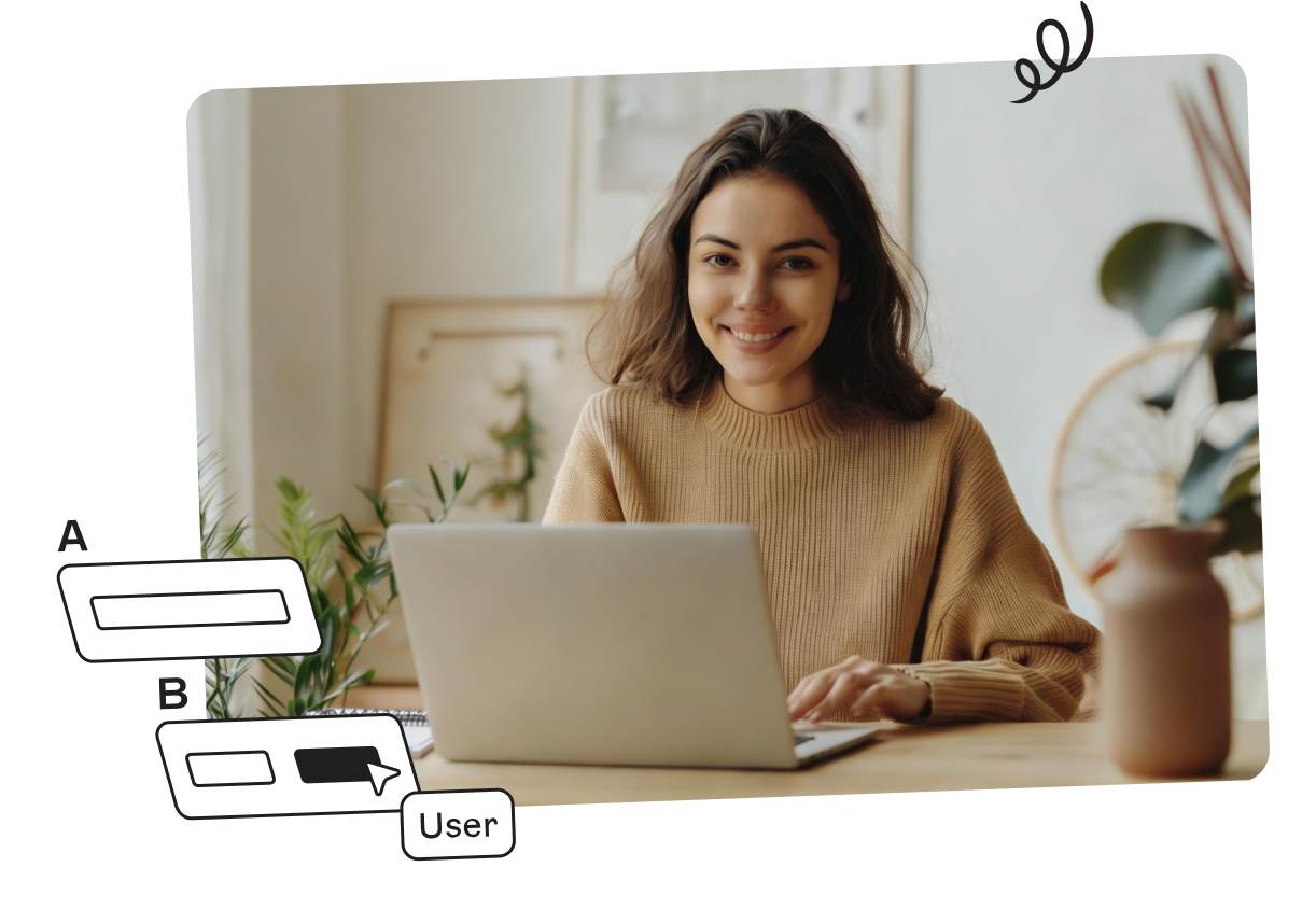 Smiling woman using a laptop at a desk with plants, decorative icons in foreground; warm, cozy room setting.