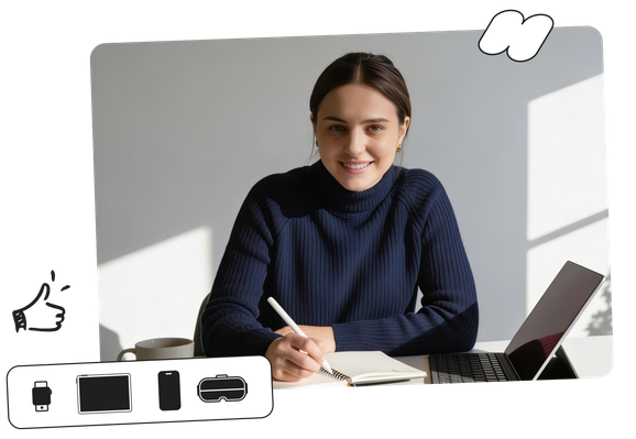 Smiling person in a blue sweater sits at a desk, writing in a notebook with a laptop open nearby.