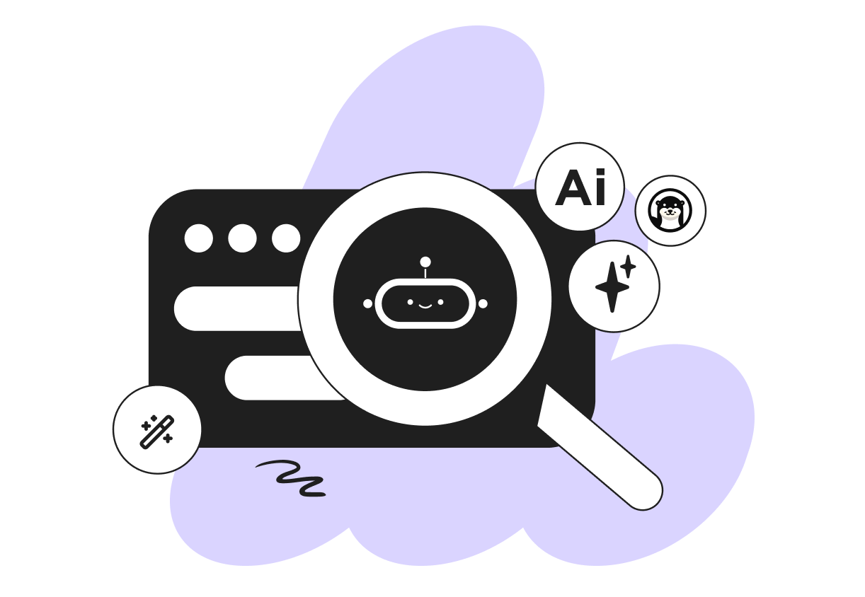 Magnifying glass highlighting a smiling chatbot icon in a browser window, with AI, sparkle and magic icons on a purple abstract background.