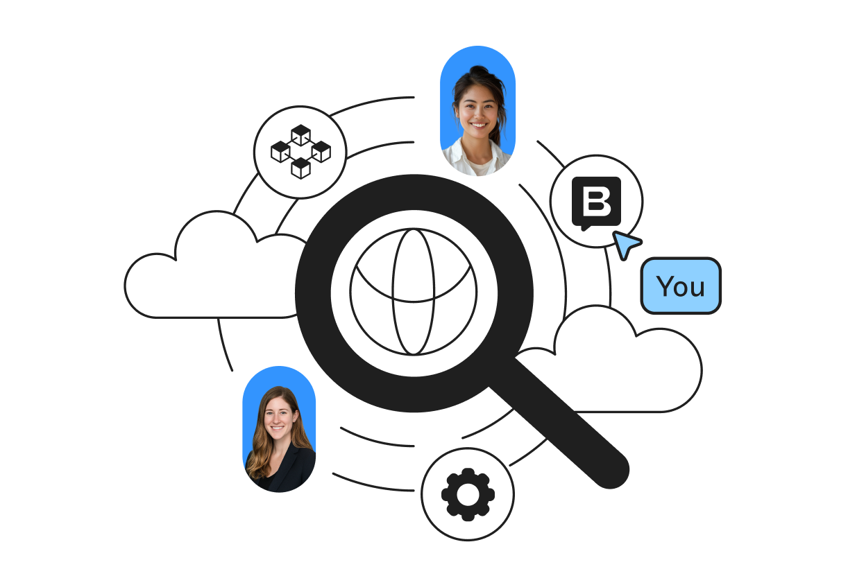 Magnifying glass over globe surrounded by clouds, icons of people, settings gear, and communication symbols on a black background.