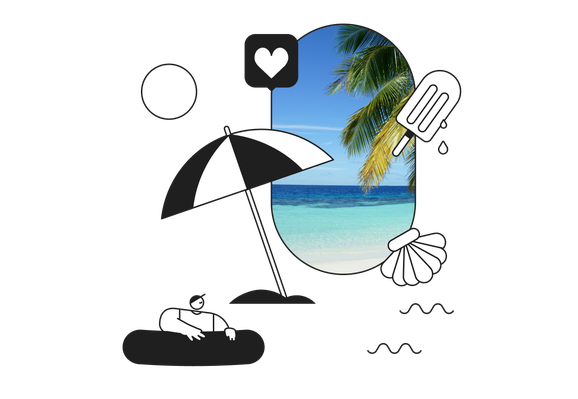 A beach scene with palm trees, ocean, and sky in an oval frame. Includes icons of an umbrella, ice cream, shell, and person floating.