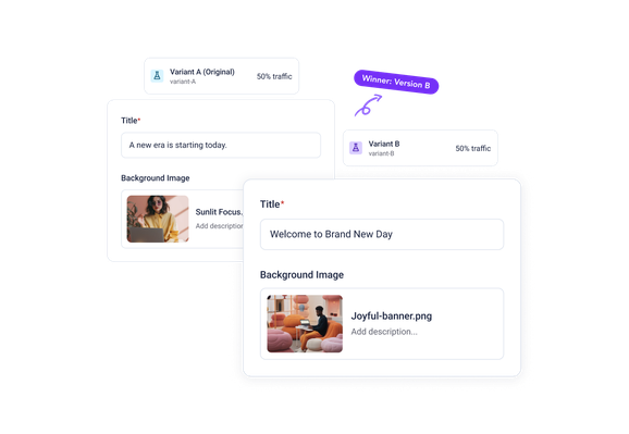Image showing A/B testing results with Version B as the winner. Version A has the title "A new era is starting today," and Version B has "Welcome to Brand New Day."