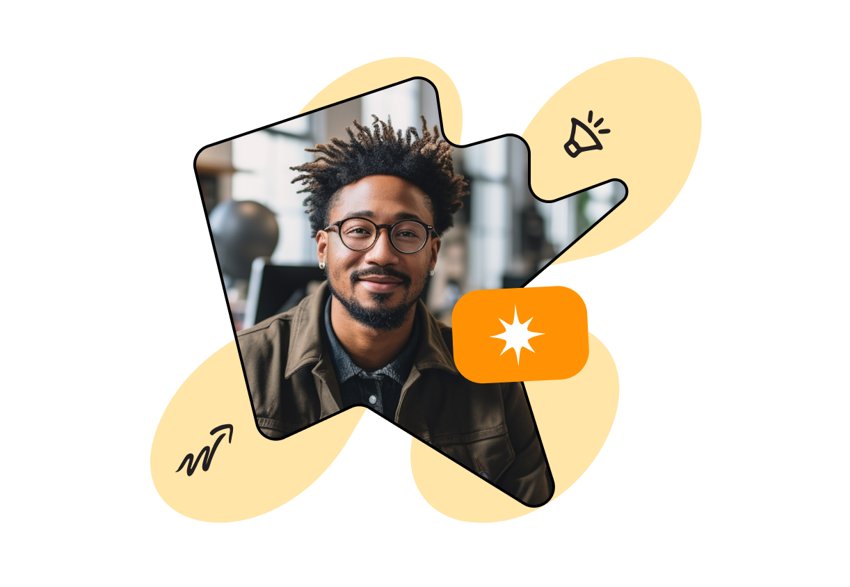 Smiling man with glasses and curly hair in a modern office setting, surrounded by abstract yellow shapes with icons.