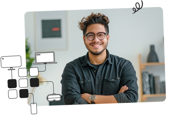 Smiling person wearing glasses, arms crossed, with digital device icons on the side. Background includes books and decor.