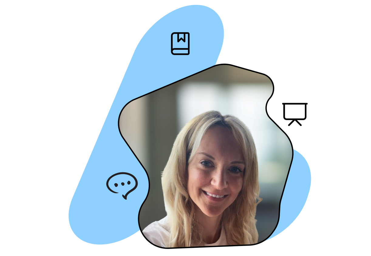 Smiling person with long blonde hair in a blue abstract frame with icons of a bookmark and speech bubble.