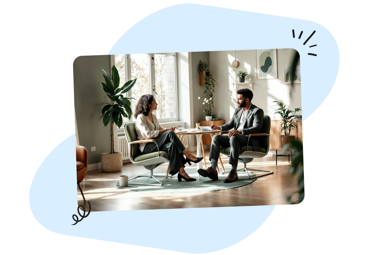 Two people sitting in a modern, well-lit office, engaged in conversation. The space features plants, art, and large windows with natural light.