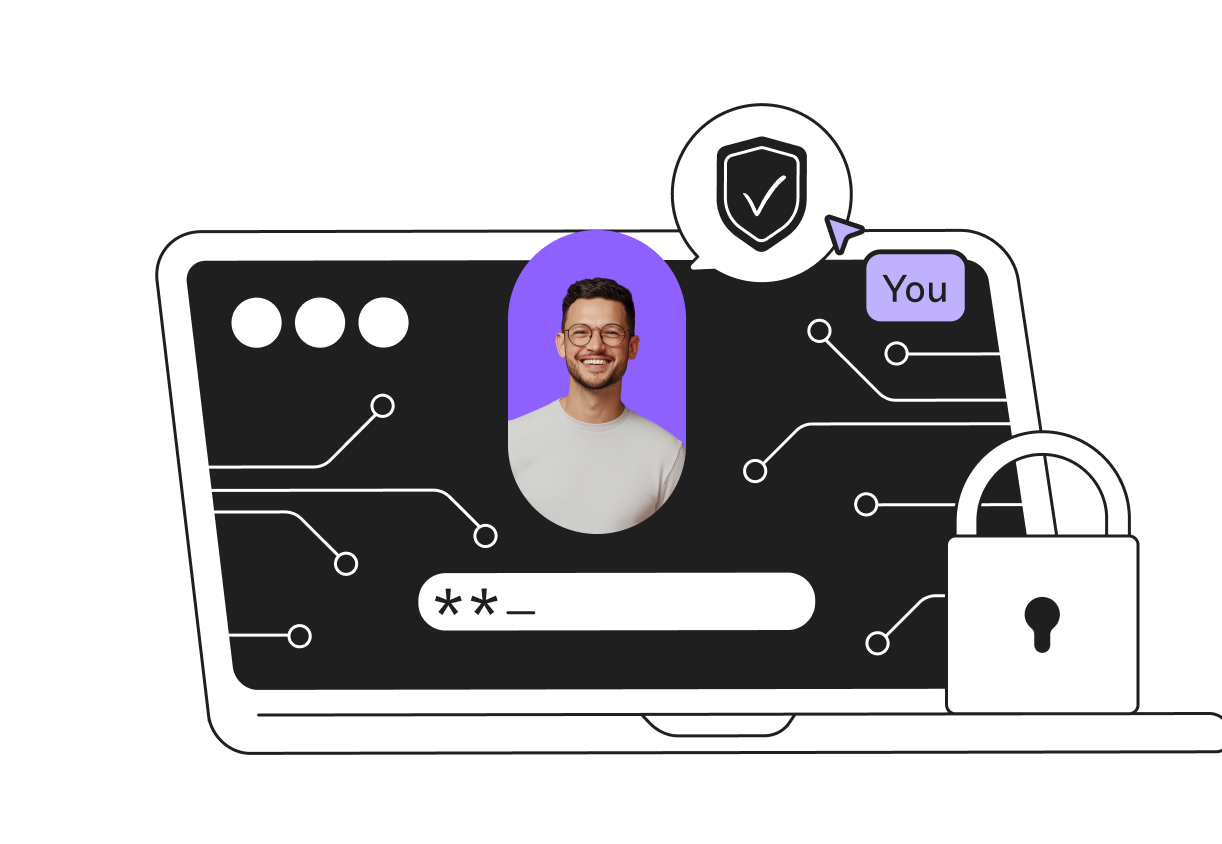 Illustration of a login screen on a laptop with a smiling person’s photo, security icons, circuit lines, and a padlock symbol.
