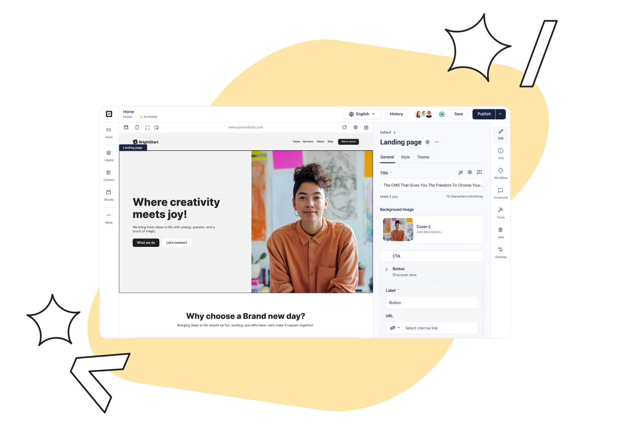 A website design interface showing a landing page draft with a photo of a person in an orange shirt and text: "Where creativity meets joy!"