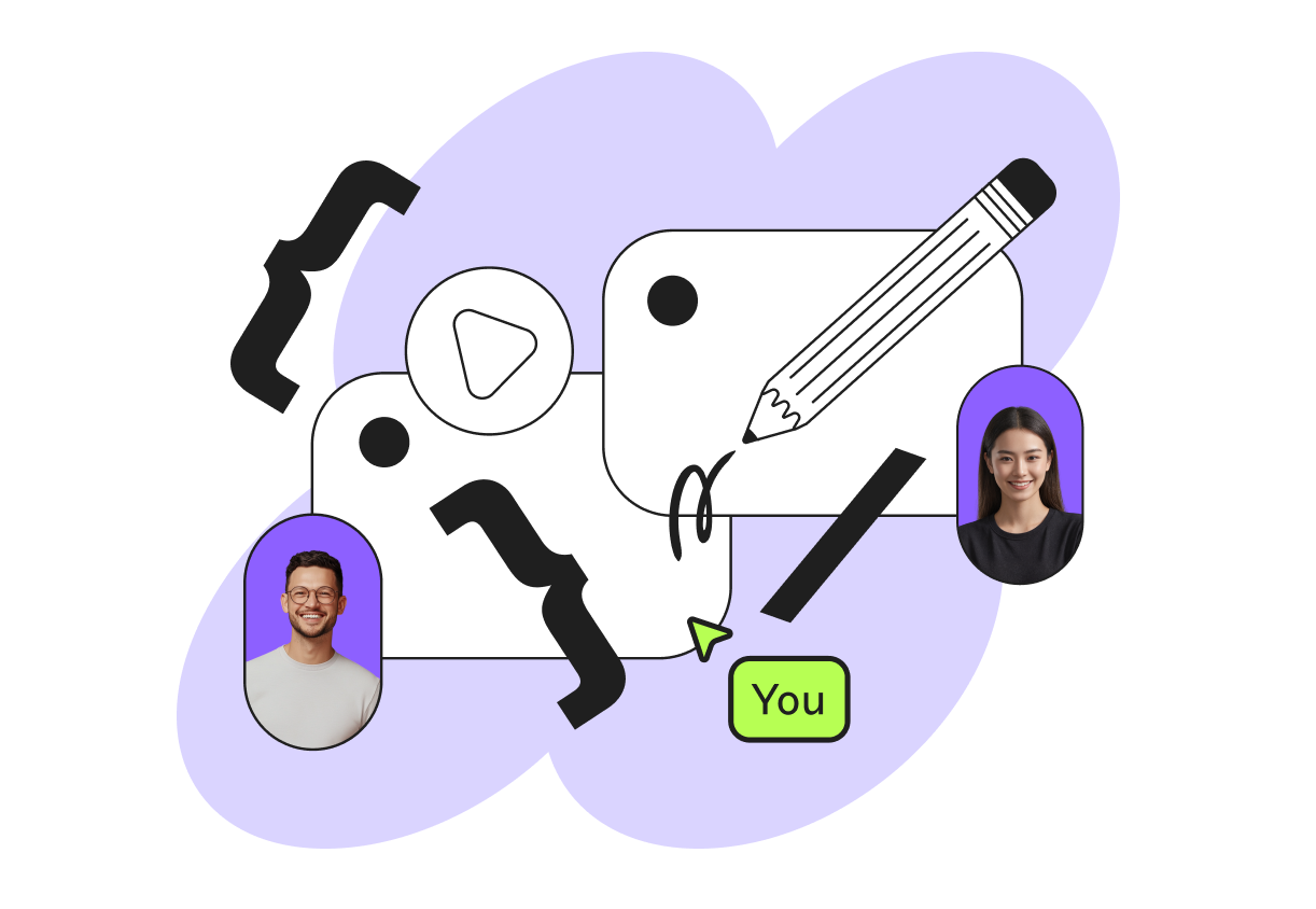 Illustration featuring two profile photos, a pencil, brackets, a play button, and a highlighted "You" label on a purple background.