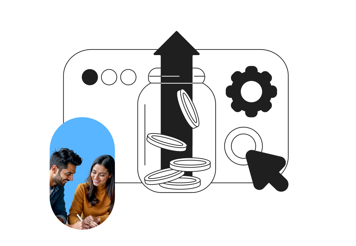 Illustration of coins in a jar with an upward arrow, a gear icon, and a cursor. Inset shows two people smiling and writing.
