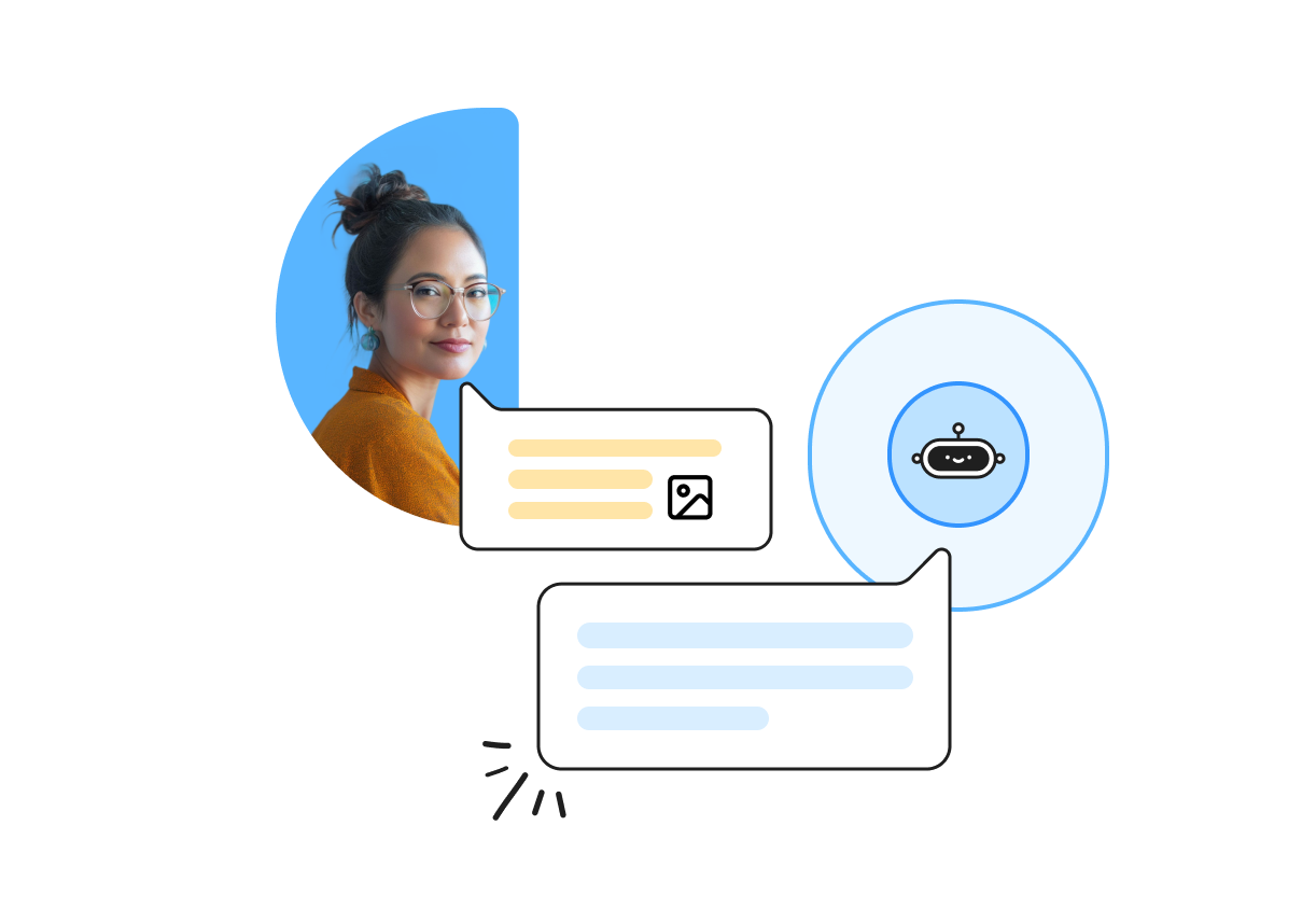 Illustration of a woman with glasses and a bun, message bubbles, and a chatbot icon, suggesting online communication or support.