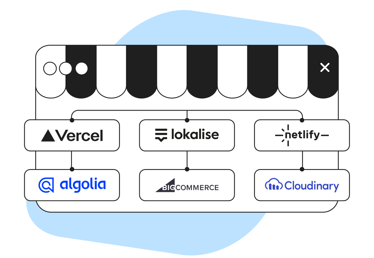 Icon grid featuring logos of Vercel, Lokalise, Netlify, Algolia, BigCommerce, and Cloudinary, under a storefront awning graphic.