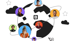 Illustration of a globe with six diverse people in colorful circles connected around it, symbolizing global communication.