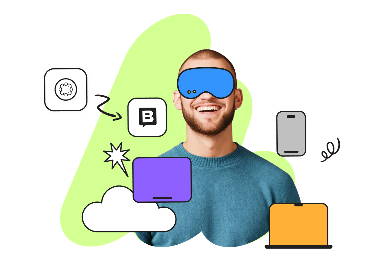 Smiling man wearing virtual headset, surrounded by digital icons, devices, and abstract graphics on a lime green background.