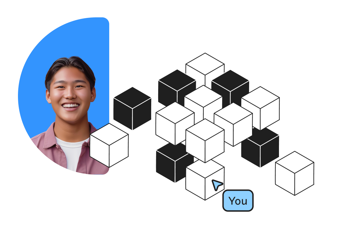 Smiling person on a blue background with floating black and white cubes labeled "You."