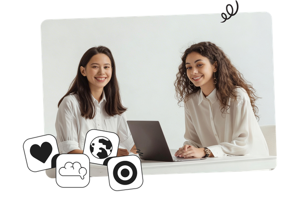 Two women smiling, sitting at a table, one with a laptop. Social media icons overlaid: heart, globe, cloud, and camera.