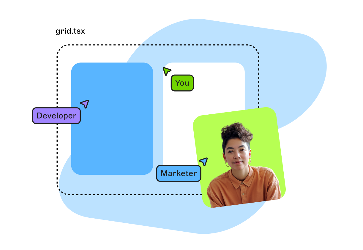 Chat interface with labels "Developer," "Marketer," and "You," featuring a person in an orange shirt.