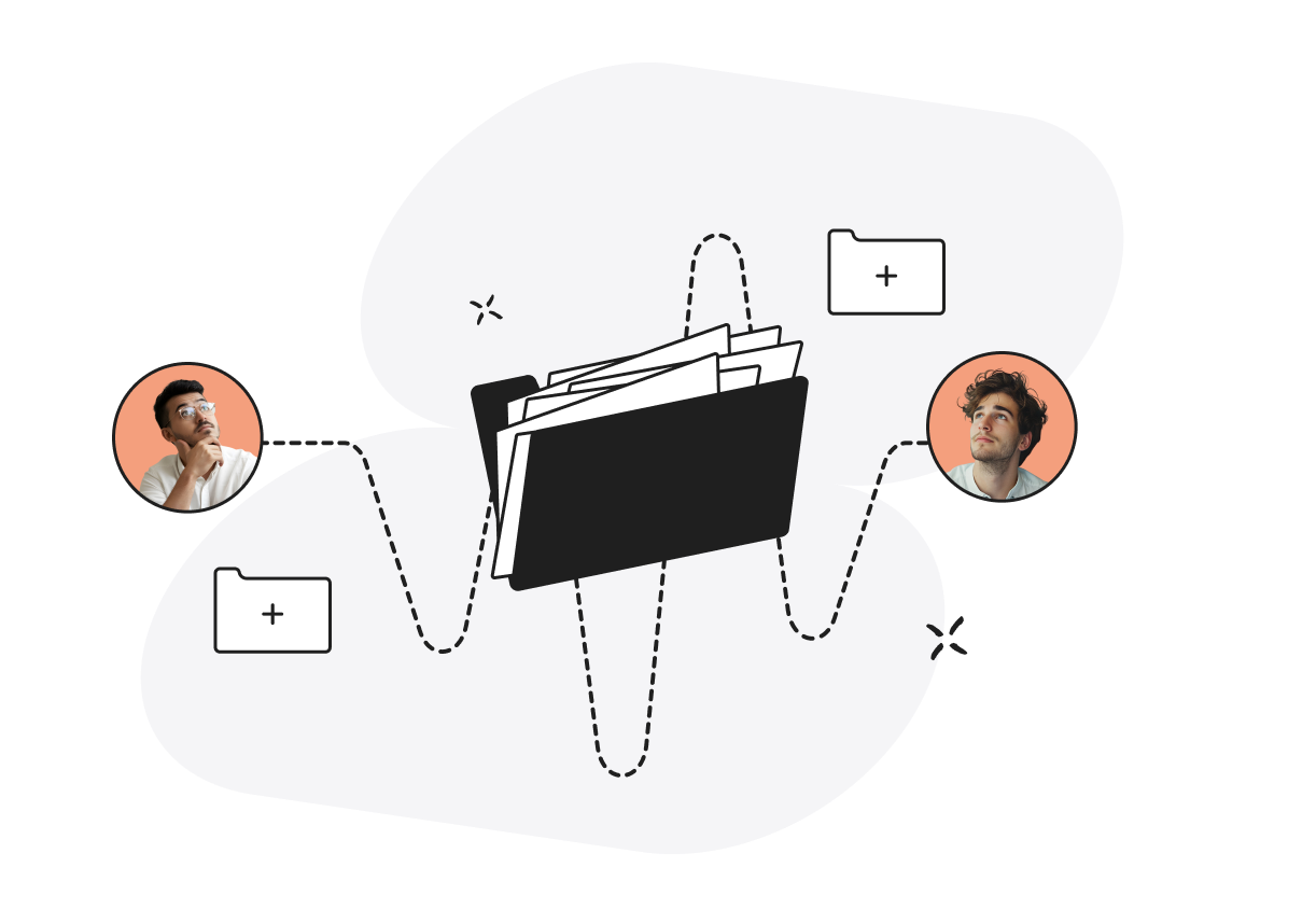 Illustration of two people connected to a central folder, symbolizing file sharing or collaboration between users.