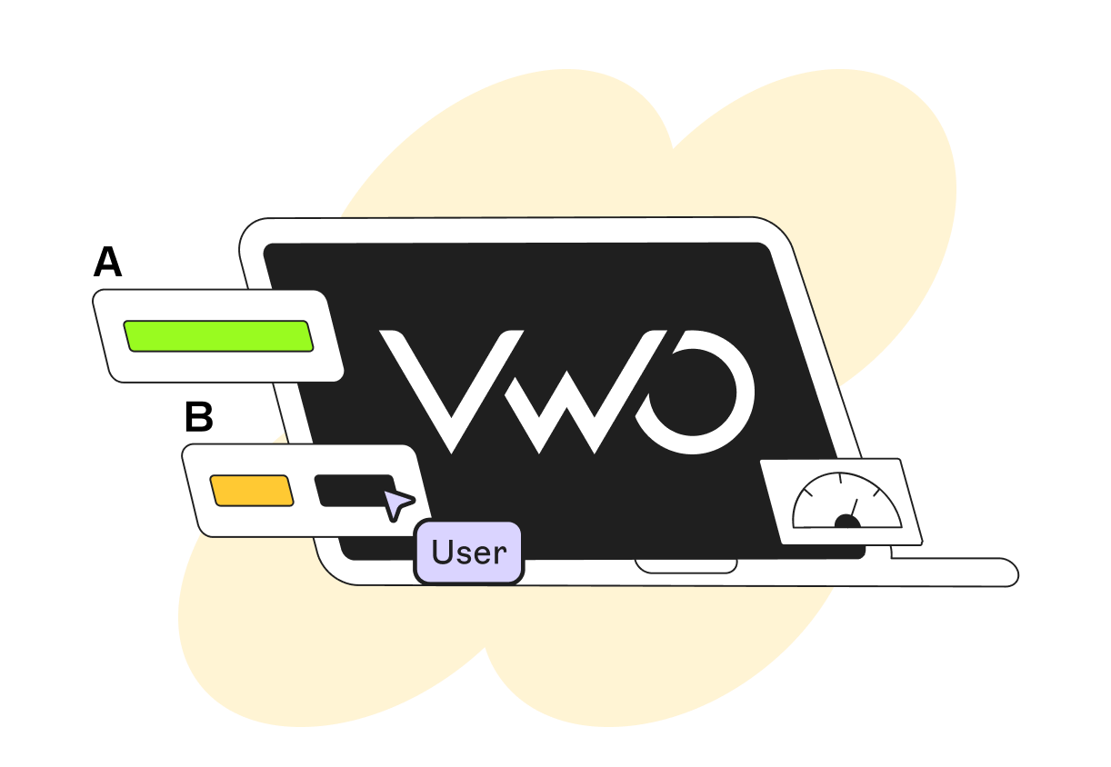 Illustration of a laptop showing the VWO logo with floating chat-like UI elements, a "User" tag and a performance gauge.
