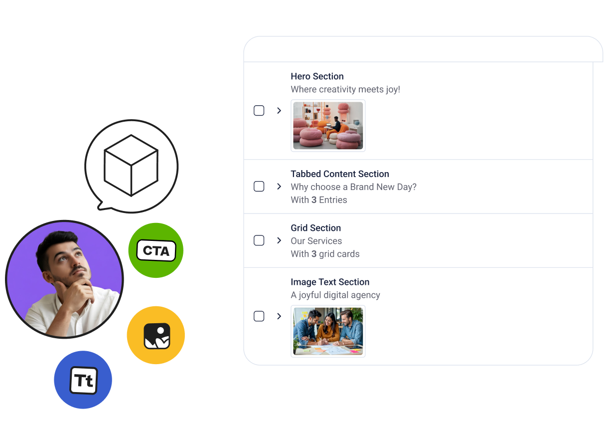 A design layout titled with sections for a hero, tabbed content, grid, and image text. Icons include a cube, CTA button, and profile image.