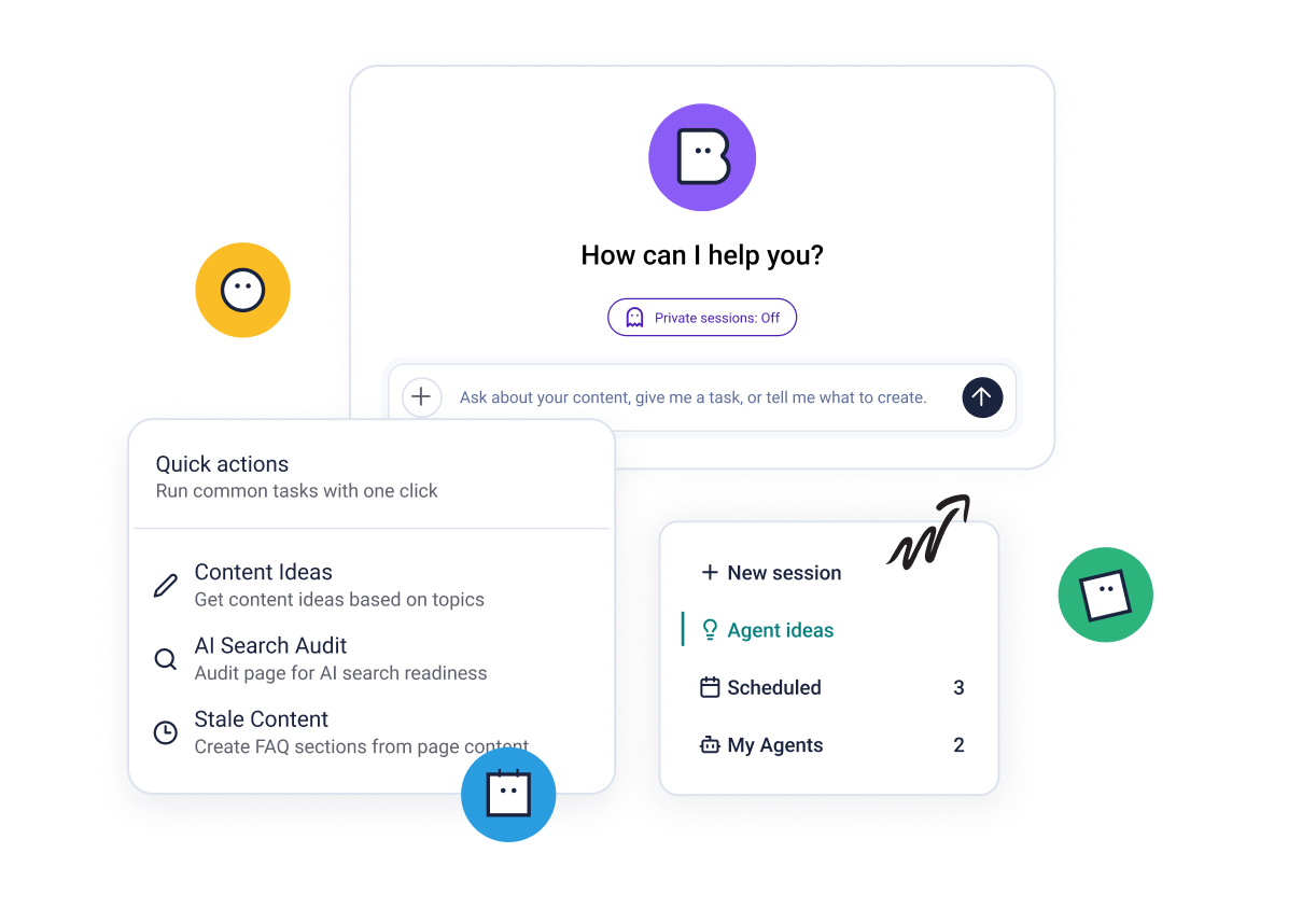 Interface showing quick actions like content ideas, AI search audit, and stale content. Options for new sessions and agent ideas are visible.