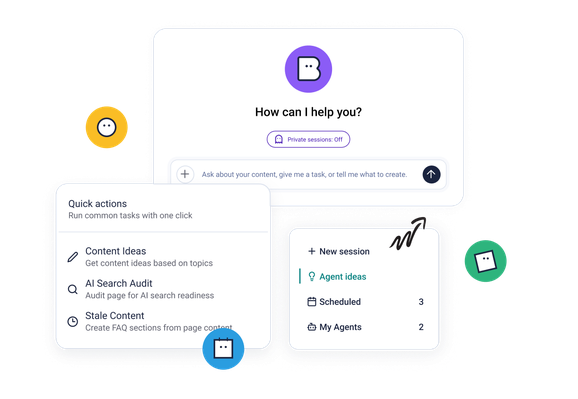 Interface showing quick actions like content ideas, AI search audit, and stale content. Options for new sessions and agent ideas are visible.