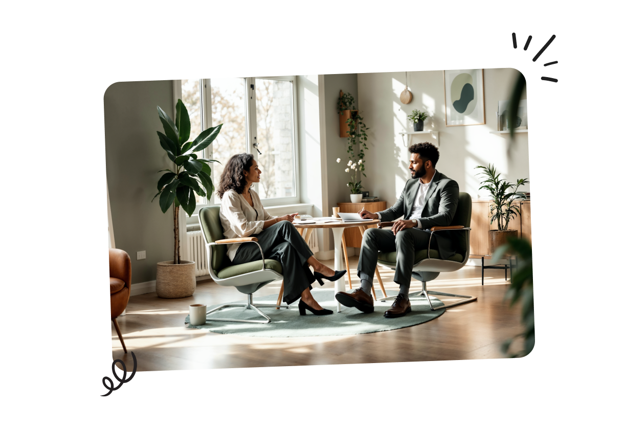 Two people in a modern, sunlit office, seated across from each other, engaged in conversation. There are plants and large windows in the background.